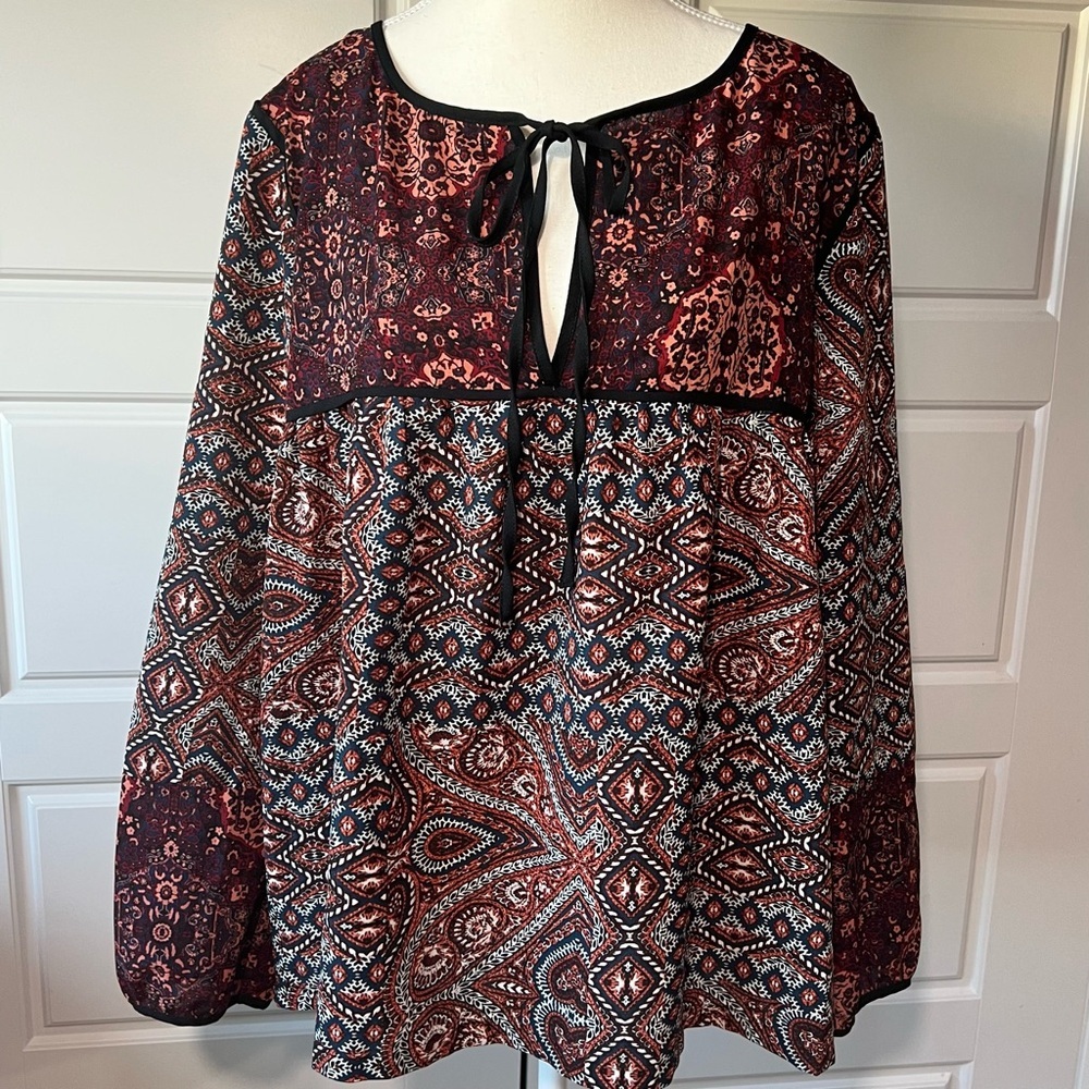 Sanctuary Boho Flowy Peasant Blouse Long‎ Sleeve Tie Neck Paisley Print Top Med